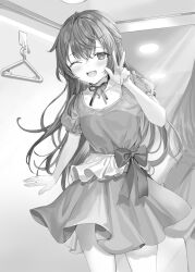 Rule 34 | 1girl, blush, bow, ceiling, ceiling light, clothes hanger, collarbone, commentary request, cowboy shot, full-length mirror, greyscale, hair between eyes, hand up, highres, jewelry, lights, long hair, looking at viewer, mirror, momoko (momopoco), monochrome, neck ribbon, necklace, novel illustration, official art, one eye closed, open mouth, reflection, ribbon, second-party source, smile, solo, suou yuki, tokidoki bosotto roshia-go de dereru tonari no arya-san, very long hair, w, waist bow