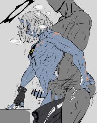 Rule 34 | 2boys, anal, blue skin, colored skin, faceless, faceless male, fingerless gloves, gloves, guilty gear, guilty gear strive, halo, happy chaos, highres, horns, male focus, male penetrated, multiple boys, tattoo, white hair, yaoi