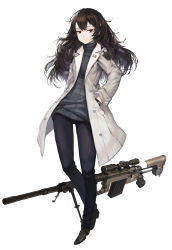 Rule 34 | 1girl, absurdres, bandages, black hair, bolt action, cheytac m200, closed mouth, full body, gloves, gun, hands in pockets, highres, long coat, long hair, looking at viewer, original, pants, qbase, red eyes, revision, ribbed sweater, rifle, scope, sniper rifle, solo, standing, sweater, turtleneck, turtleneck sweater, weapon, white background
