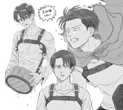 Rule 34 | 1boy, bucket, clenched teeth, cloak, commentary request, frown, greyscale, holding, holding bucket, holster, levi (shingeki no kyojin), male focus, monochrome, shingeki no kyojin, suspenders, teeth, translation request, wet, yonchi