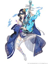Rule 34 | 1girl, blindfold, blue fire, fire, full body, instrument, japanese clothes, jewelry, jino, kaguya (sinoalice), kimono, music, nail polish, off shoulder, official art, playing instrument, sarashi, see-through, sinoalice, sitting, socks, solo, tattoo, white background, zither