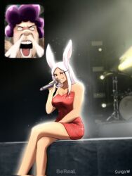 Rule 34 | 1boy, 1girl, animal ears, artist name, bare shoulders, bereal, boku no hero academia, breasts, commentary, concert, corrupted twitter file, crossed legs, dark-skinned female, dark skin, dress, drum, drum set, english commentary, fan screaming at madison beer (meme), highres, holding, holding microphone, inset, instrument, large breasts, long eyelashes, long hair, looking at viewer, meme, microphone, mineta minoru, mirko, open mouth, parted bangs, photo-referenced, photo background, rabbit ears, rabbit girl, red dress, red eyes, screaming, shibarinsfw, sitting, smile, solo focus, sparkle, stage, steam from nose, strapless, strapless dress, thighs, toned female, watermark, white hair