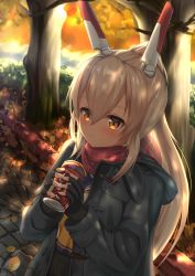 Rule 34 | 1girl, alternate costume, autumn, autumn leaves, ayanami (azur lane), azur lane, black gloves, blonde hair, blush, can, closed mouth, commentary request, fingerless gloves, gloves, hair between eyes, headgear, highres, holding, holding can, jacket, long hair, long sleeves, looking at viewer, miso (misomiso 154), neckerchief, plaid, plaid scarf, ponytail, red scarf, scarf, sidelocks, smile, solo, standing, tree, yellow eyes, yellow neckerchief