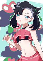 Rule 34 | 1girl, asymmetrical bangs, bad id, bad pixiv id, bikini, black hair, blush, cover suitou, creatures (company), dated, earrings, game freak, green eyes, green ribbon, hair ribbon, hand up, highres, jewelry, lips, looking at viewer, marnie (pokemon), marnie (summer 2021) (pokemon), medium hair, navel, nintendo, official alternate costume, open mouth, pokemon, pokemon masters ex, ribbon, signature, solo, swimsuit, twintails, two side up, upper body