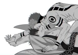 Rule 34 | 2022, 2boys, abs, arm tattoo, arms up, back tattoo, commentary request, dated, extra eyes, eye contact, facial tattoo, fushiguro megumi, green eyes, highres, imminent kiss, imminent penetration, japanese clothes, jujutsu kaisen, kimono, long sleeves, looking at another, lying, male focus, multiple boys, nipples, nude, on back, open clothes, open kimono, red eyes, ryoumen sukuna (jujutsu kaisen), sato zero915, shoulder tattoo, smirk, tattoo, toned, toned male, veins, wide sleeves, yaoi