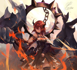 Rule 34 | 1girl, absurdres, arknights, bare shoulders, demon, demon girl, dress, highres, holding, holding weapon, jacket, long hair, looking at viewer, purple eyes, red hair, slit pupils, solo, superman3go, surtr (arknights), sword, weapon