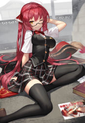 Rule 34 | 1girl, blush, breasts, hair ribbon, heterochromia, highres, hololive, houshou marine, large breasts, long hair, looking at viewer, one eye closed, open mouth, red hair, ribbon, school uniform, scottie (phantom2), serafuku, skirt, smile, solo, tears, thighhighs, twintails, virtual youtuber, yellow eyes