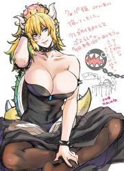Rule 34 | 1girl, armlet, ball and chain (weapon), bare shoulders, black dress, blonde hair, blue eyes, bowsette, bracelet, breasts, cleavage, collar, crown, doodle, dress, earrings, hiyoshi hana, horns, jewelry, large breasts, mario (series), new super mario bros. u deluxe, nintendo, pantyhose, pointy ears, ponytail, sharp teeth, spiked bracelet, spiked collar, spiked shell, spiked tail, spikes, strapless, strapless dress, super crown, tail, teeth, turtle shell