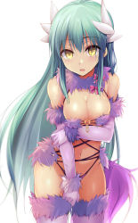 Rule 34 | 1girl, animal ears, bare shoulders, blush, bow, breasts, cleavage, cosplay, dragon girl, dragon horns, elbow gloves, fate/grand order, fate (series), fur-trimmed gloves, fur-trimmed legwear, fur collar, fur trim, gloves, green hair, highres, horns, kiyohime (fate), lace, lace-trimmed legwear, lace trim, large breasts, long hair, looking at viewer, mash kyrielight, mash kyrielight (dangerous beast), mash kyrielight (dangerous beast) (cosplay), multiple horns, navel, o-ring, official alternate costume, open mouth, purple gloves, purple legwear, revealing clothes, sen (astronomy), solo, tail, thighs, wolf ears, wolf tail, yellow eyes