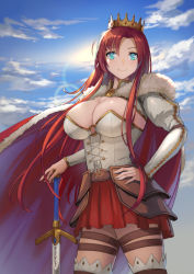 Rule 34 | 1girl, bad id, bad pixiv id, blue eyes, boudica (fate), boudica (third ascension) (fate), breasts, cape, cleavage, closed mouth, cloud, cowboy shot, crown, fate/grand order, fate (series), hand on own hip, large breasts, long hair, looking at viewer, maekawa yuichi, parted bangs, red cape, red hair, red skirt, shiny skin, skirt, sky, smile, solo, standing, sun, sword, thighhighs, weapon