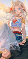Rule 34 | 1girl, a deer of nine colors, anklet, antlers, arknights, armlet, barefoot, blonde hair, blue eyes, blue hair, bracelet, brown footwear, closed mouth, cropped legs, earrings, halo, highres, horns, jewelry, long skirt, looking at viewer, mao mian, multicolored hair, navel, necklace, nine-colored deer, red hair, sandals, see-through, see-through sleeves, simple background, sitting, skirt, smile, solo, tail, white background, white skirt
