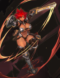 Rule 34 | 1girl, armor, armored boots, belt bra, bikini, bikini armor, black gloves, black thighhighs, boots, breasts, cleavage, curvy, dark-skinned female, dark skin, elbow gloves, female focus, gauntlets, gloves, gluteal fold, gurimjang, highres, holding, holding shield, holding sword, holding weapon, large breasts, looking at viewer, narrow waist, navel, original, red-haired warrior (gurimjang), red hair, resolution mismatch, revealing clothes, sheath, shield, short hair, smile, solo, source smaller, spiked hair, stomach, swimsuit, sword, thick thighs, thigh boots, thighhighs, thighs, underboob, weapon, wide hips, yellow eyes