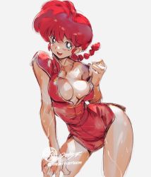 Rule 34 | 1girl, blue eyes, braid, braided ponytail, breasts, chinese clothes, cleavage, commentary, dress, english commentary, genderswap, genderswap (mtf), hand on own knee, jet kimchrea, leaning forward, looking at viewer, medium breasts, narrow waist, no bra, no pants, off shoulder, ranma-chan, ranma 1/2, red dress, red hair, saotome ranma, short dress, short hair, short sleeves, side slit, single braid, solo, tangzhuang, undressing, wet