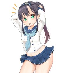 Rule 34 | 10s, 1girl, absurdres, alternate hairstyle, aymusk, black hair, blue necktie, blue skirt, cowboy shot, green eyes, highres, kantai collection, long hair, long sleeves, looking at viewer, matsuwa (kancolle), microskirt, mouth hold, navel, necktie, no headwear, pleated skirt, ponytail, rubber band, school uniform, serafuku, simple background, skirt, solo, transparent background, white background