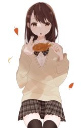 Rule 34 | 1girl, :o, arms up, autumn leaves, beige sweater, black bow, black skirt, black thighhighs, bow, brown eyes, collared shirt, commentary request, cowboy shot, fingernails, food, hair between eyes, holding, holding food, leaf, long hair, long sleeves, looking at viewer, nail polish, original, pink nails, plaid, plaid bow, plaid neckwear, plaid skirt, pleated skirt, round teeth, school uniform, shirt, simple background, skirt, solo, taiyaki, teeth, thighhighs, tsukino (kjdhfap), wagashi, white background, zettai ryouiki