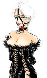 Rule 34 | absurdres, arms behind back, ball gag, belt, breasts, collar, cum, facial, fur, gag, gloves, highres, large breasts, lips, white hair, white theme