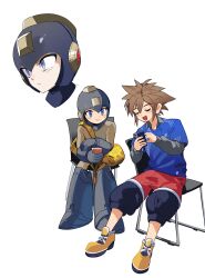 2boys bag blue_eyes blue_shirt brown_hair cellphone closed_eyes crossover full_body helmet highres holding holding_phone kingdom_hearts male_focus mega_man_(character) mega_man_(classic) mega_man_(series) multiple_boys open_mouth phone shirt simple_background smartphone sora_(kingdom_hearts) spiked_hair white_background yasaikakiage yellow_footwear