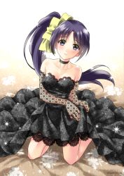 Rule 34 | 1girl, black dress, black eyes, blue hair, bow, breasts, choker, cleavage, collarbone, dress, elbow gloves, fishnet gloves, fishnets, floating hair, floral print, gloves, hair bow, head tilt, highres, kneeling, long hair, looking at viewer, medium breasts, original, print dress, sato-pon, side ponytail, simple background, sleeveless, sleeveless dress, smile, solo, sparkle, strapless, strapless dress, twitter username, very long hair, white background, yellow bow