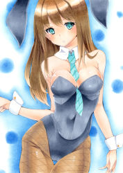 Rule 34 | 10s, 1girl, animal ears, bad id, bad pixiv id, bare shoulders, between breasts, blue necktie, blush, breasts, brown hair, cleavage, detached collar, fake animal ears, fishnet pantyhose, fishnets, green eyes, highres, idolmaster, idolmaster cinderella girls, leotard, long hair, looking at viewer, marker (medium), necktie, necktie between breasts, pantyhose, playboy bunny, rabbit ears, shibuya rin, shie (m417), solo, standing, thigh gap, traditional media, wrist cuffs