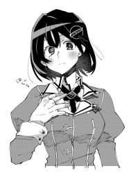 Rule 34 | 1girl, blush, breasts, closed mouth, commentary request, gloves, greyscale, haguro (kancolle), haguro kai ni (kancolle), hair between eyes, hair ornament, hand on own chest, higaragi, highres, kantai collection, long sleeves, looking at viewer, military, military uniform, monochrome, short hair, simple background, solo, uniform, upper body