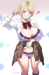 Rule 34 | 1girl, arm up, artist name, black socks, blonde hair, blue bra, blue nails, blue panties, bow, bowtie, bra, bracelet, breasts, brown sweater, cameltoe, choker, cleavage, clothes around waist, clothes lift, collared shirt, commentary request, earrings, green hair, green skirt, gyaru, heart, heart choker, highres, jewelry, joy ride, kneehighs, kogal, lace, lace-trimmed bra, lace-trimmed panties, lace trim, large breasts, lifted by self, multicolored hair, nail polish, open clothes, open shirt, original, panties, parted lips, pink eyes, purple bow, purple bowtie, school uniform, shirt, shirt tucked in, short hair, skirt, skirt lift, socks, solo, standing, sweater, sweater around waist, two-tone hair, unbuttoned, underwear, v, white shirt