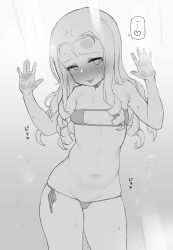 Rule 34 | ..., 1girl, :p, against fourth wall, alternate costume, atte nanakusa, bare shoulders, bikini, blush, breasts, closed mouth, collarbone, commentary request, cowboy shot, drill hair, eyepatch bikini, girls und panzer, greyscale, heart, highres, long hair, looking at viewer, marie (girls und panzer), medium hair, micro bikini, monochrome, navel, side-tie bikini bottom, simple background, skindentation, small breasts, smile, solo, spoken heart, standing, swimsuit, tongue, tongue out