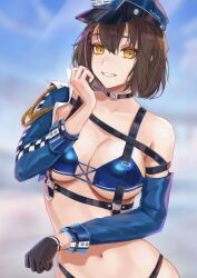 Rule 34 | 1girl, aiguillette, artist name, azur lane, baltimore (azur lane), baltimore (finish line flagbearer) (azur lane), bikini, black bikini, black choker, black gloves, blue bikini, blue hat, blue jacket, braid, breasts, brown hair, chest harness, choker, cleavage, collarbone, commentary, cowboy shot, cropped jacket, detached sleeves, french braid, gloves, grin, hair between eyes, hand up, harness, hat, highleg, highleg bikini, highres, jacket, karkovb152, looking at viewer, medium breasts, mismatched bikini, navel, official alternate costume, peaked cap, race queen, short hair, sidelocks, single bare shoulder, single detached sleeve, single glove, single sleeve, smile, solo, standing, stomach, swimsuit, teeth, yellow eyes