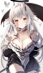 Rule 34 | 1girl, absurdres, albino, black dress, black shorts, black thighhighs, blood, blood halo, blood on breasts, blood on face, breasts, cleavage, colored eyelashes, dress, grey butterfly, halo, highres, ichiyume ichiyu, large breasts, liquid halo, long hair, melting halo, multicolored clothes, multicolored dress, original, red eyes, shorts, solo, tears, tentacles, thighhighs, twitter username, white background, white dress, white hair