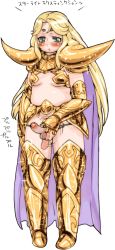 Rule 34 | 1boy, armor, blonde hair, blush, breasts, cape, character request, foreskin, green eyes, long hair, male focus, nezunezu, penis, plump, saint seiya, simple background, small breasts, solo, sparkle, spinning, standing, translation request, uncensored