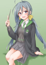 Rule 34 | 1girl, ahoge, anti (untea9), black jacket, blush, collared shirt, feet out of frame, gradient background, green necktie, grey eyes, grey hair, grey skirt, grey vest, hair between eyes, harry potter (series), highres, jacket, kantai collection, kiyoshimo (kancolle), long hair, long sleeves, looking at viewer, low twintails, necktie, open clothes, open jacket, open mouth, pleated skirt, shirt, skirt, slytherin, smile, solo, twintails, vest, white shirt, wizarding world