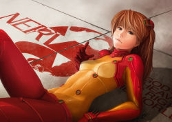 Rule 34 | 00s, 1girl, blue eyes, bodysuit, breasts, brown hair, evangelion: 2.0 you can (not) advance, from side, hair between eyes, highres, lips, long hair, lying, multicolored clothes, neon genesis evangelion, nerv, okita, on back, orange hair, plugsuit, realistic, rebuild of evangelion, skin tight, small breasts, solo, souryuu asuka langley, test plugsuit