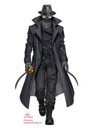 Rule 34 | 1boy, artist name, black coat, black footwear, black gloves, black hat, black mask, black pants, black sweater, black vest, boots, coat, fedora, full body, gloves, goggles, hat, highres, in-hyuk lee, instagram logo, instagram username, leather vest, long coat, looking at viewer, male focus, marvel, open clothes, open coat, pants, ribbed sweater, rubik&#039;s cube, signature, simple background, solo, spider-man (series), spider-man noir, standing, sweater, trench coat, turtleneck, turtleneck sweater, vest, watermark, web address, white background