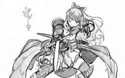 Rule 34 | 10s, 1girl, bow, breasts, character name, cleavage, dress, granblue fantasy, greyscale, hair bow, holding, holding sword, holding weapon, long hair, monochrome, niku-name, ponytail, simple background, smile, solo, sword, vira (granblue fantasy), weapon, white background