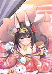 Rule 34 | 1girl, absurdres, animal ear fluff, animal ears, azur lane, bare shoulders, black hair, blush, brown eyes, flat chest, flower, fox ears, fox tail, from above, hair flower, hair ornament, highres, japanese clothes, jewelry, kimono, long hair, looking up, multiple tails, nagato (azur lane), nagato (guardian fox&#039;s shining furisode) (azur lane), necklace, off shoulder, open mouth, red kimono, sitting, solo, tail, tenjou ryuka
