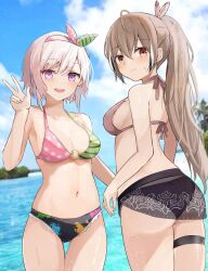 Rule 34 | 2girls, :d, ahoge, airani iofifteen, alternate costume, alternate hair length, alternate hairstyle, back, bikini, blush, breasts, brown bikini, brown eyes, brown hair, cloud, cloudy sky, feather hair ornament, feathers, hair ornament, hair ribbon, hairclip, highres, hololive, hololive english, hololive indonesia, long hair, looking at viewer, looking back, medium breasts, multicolored bikini, multicolored clothes, multicolored hair, multiple girls, nanashi mumei, navel, ocean, open mouth, paint splatter, pink hair, ponytail, purple eyes, ribbon, see-through, shuuzo3, sky, smile, streaked hair, swimsuit, teeth, thigh strap, upper teeth only, v, very long hair, virtual youtuber