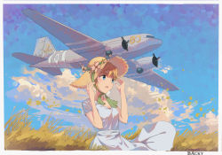 Rule 34 | 1girl, absurdres, aircraft, airplane, blonde hair, blue eyes, blue sky, commentary request, dress, flower, hat, hat flower, highres, open mouth, original, propeller, short hair, sky, straw hat, summer, vehicle focus, white dress