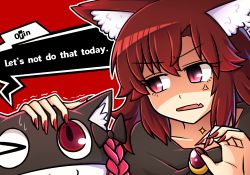 Rule 34 | &gt; o, 10s, 2girls, anger vein, animal ear fluff, animal ears, bow, braid, brooch, brown hair, cat ears, collarbone, english text, fang, fingernails, hair bow, hand on another&#039;s head, imaizumi kagerou, jewelry, kaenbyou rin, kaenbyou rin (cat), long hair, morgana (persona 5), multiple girls, one eye closed, open mouth, persona, persona 5, red background, red eyes, sharp fingernails, shawl, simple background, sparkle, speech bubble, text focus, touhou, wolf ears, wool (miwol)