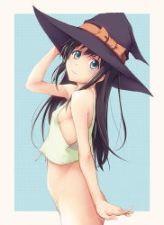 Rule 34 | 1girl, asashio (kancolle), ass, black hair, blue background, blue eyes, blush, bottomless, breasts, closed mouth, graphite (medium), hat, kantai collection, long hair, looking at viewer, mechanical pencil, no pants, pencil, shirt, simple background, slowpit, small breasts, smile, traditional media, white shirt, witch hat