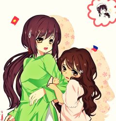 Rule 34 | 2girls, brown hair, chuong, highres, multiple girls, philippines, tears, vietnamese clothes