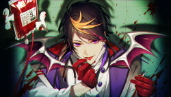 Rule 34 | 13 (bbr584607091), 1boy, black hair, blonde hair, blood, blood bag, blood splatter, commentary, gloves, green background, highres, intravenous drip, jacket, long sleeves, looking at viewer, male focus, multicolored hair, nijisanji, nijisanji en, paper doll, purple eyes, purple hair, red gloves, shadow, shu yamino, shu yamino (1st costume), sidelocks, solo, stethoscope, symbol-only commentary, tongue, tongue out, upper body, virtual youtuber, white jacket, yaminion (shu yamino)