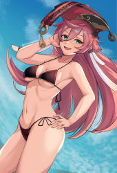 Rule 34 | 1girl, bikini, black bikini, blue sky, breasts, cawfield, cleavage, cloud, coin, commentary, cowboy shot, day, english commentary, genshin impact, green eyes, hair between eyes, halterneck, hand in pocket, hand on own hip, hand up, highres, long hair, looking at viewer, medium breasts, open mouth, outdoors, pink hair, red headwear, revision, side-tie bikini bottom, sky, solo, string bikini, swimsuit, yanfei (genshin impact)