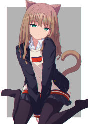 Rule 34 | 1girl, animal ears, bad id, bad pixiv id, between legs, black jacket, black pantyhose, black skirt, blazer, cat ears, cat girl, cat tail, closed mouth, collared shirt, commentary request, dress shirt, green eyes, grey background, gridman universe, hand between legs, jacket, long sleeves, looking at viewer, minami yume, open clothes, open jacket, oueo, pantyhose, pleated skirt, school uniform, shirt, sitting, skirt, sleeves past wrists, solo, ssss.dynazenon, sweater vest, tail, two-tone background, wariza, white background, white shirt