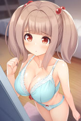 Rule 34 | 1girl, arm up, bare arms, bare shoulders, bed, bedroom, blunt bangs, bow, bow panties, bra, breasts, brown eyes, brown hair, bush, cleavage, collarbone, commentary request, foreshortening, green bra, green panties, hair bobbles, hair ornament, highres, indoors, kageira, lace, lace-trimmed bra, lace trim, large breasts, medium hair, mirror, original, panties, parted lips, shiny skin, solo, standing, twintails, underwear, underwear only, wooden floor