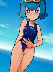 Rule 34 | 1girl, animal print, aqua hair, blue eyes, blue one-piece swimsuit, blush, breasts, bright pupils, closed mouth, clothing aside, cloud, collarbone, commentary, creatures (company), day, eyelashes, fish print, game freak, goggles, goggles on head, highres, lana (pokemon), loodncrood, nintendo, no sclera, one-piece swimsuit, outdoors, pokemon, pokemon sm, pussy, revision, short hair, sky, smile, solo, swimsuit, swimsuit aside, uncensored, water, white pupils