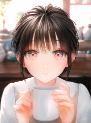 Rule 34 | 1girl, absurdres, backlighting, black hair, blurry, blurry background, blush, breasts, check commentary, coffee mug, commentary, commentary request, cup, hair bun, highres, holding, holding cup, indoors, looking at viewer, medium breasts, mug, ojay tkym, original, parted lips, portrait, red eyes, signature, solo, sunlight, window