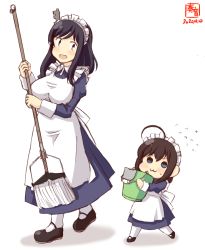 Rule 34 | 2girls, :3, absurdres, aged down, ahoge, alternate costume, apron, artist logo, black footwear, black hair, blue eyes, brown hair, bucket, child, commentary request, dated, dress, enmaided, frilled headband, hair ornament, highres, holding, holding mop, kanon (kurogane knights), kantai collection, long sleeves, looking at another, maid, maid apron, maid headdress, mary janes, mop, multiple girls, open mouth, rag, red eyes, shigure (kancolle), shoes, short hair, simple background, smile, thighhighs, walking, white apron, white background, white legwear, yamashiro (kancolle)