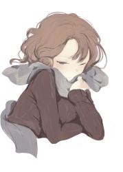 Rule 34 | 1girl, bad id, bad tumblr id, blush, brown eyes, brown hair, covered mouth, female focus, grey scarf, half-closed eye, long sleeves, looking at viewer, lpip, one eye closed, original, scarf, short hair, simple background, solo, sweater, upper body, white background