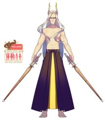 Rule 34 | 1boy, arknights, barefoot, character name, closed mouth, forehead, full body, head wings, hellagur (arknights), holding, kendo, long hair, looking at viewer, navel, simple background, solo, sword, toes, topless, topless male, weapon, white background, white hair, wings, wooden sword, yan wan, yellow eyes