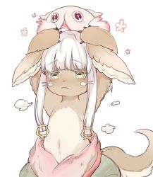 Rule 34 | 1other, :3, androgynous, animal ears, arms up, blunt bangs, chinese commentary, colored eyelashes, commentary request, cowboy shot, creature on head, floppy ears, flower (symbol), furry, green eyes, hands on own head, highres, horizontal pupils, looking at viewer, made in abyss, mitty (made in abyss), nanachi (made in abyss), on head, pants, rabbit ears, short hair with long locks, signature, simple background, smile, standing, tail, whiskers, white background, white hair, xiaobaidegouweiba