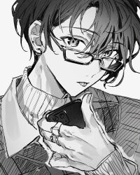 Rule 34 | 1boy, absurdres, cellphone, collared jacket, commentary request, ear piercing, earrings, fingernails, glasses, greyscale, hair between eyes, highres, holding, holding phone, jacket, jewelry, long sleeves, looking at viewer, looking over eyewear, male focus, monochrome, multiple rings, original, phone, piercing, portrait, rectangular eyewear, ring, semi-rimless eyewear, short hair, simple background, smartphone, solo, sweater, tongue, tongue out, turtleneck, turtleneck sweater, under-rim eyewear, white background, white xxxx